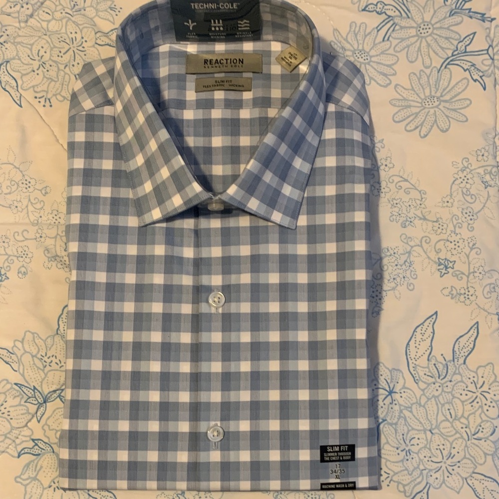 Kenneth Cole Reaction Light Blue and White Plaid Men's Shirt